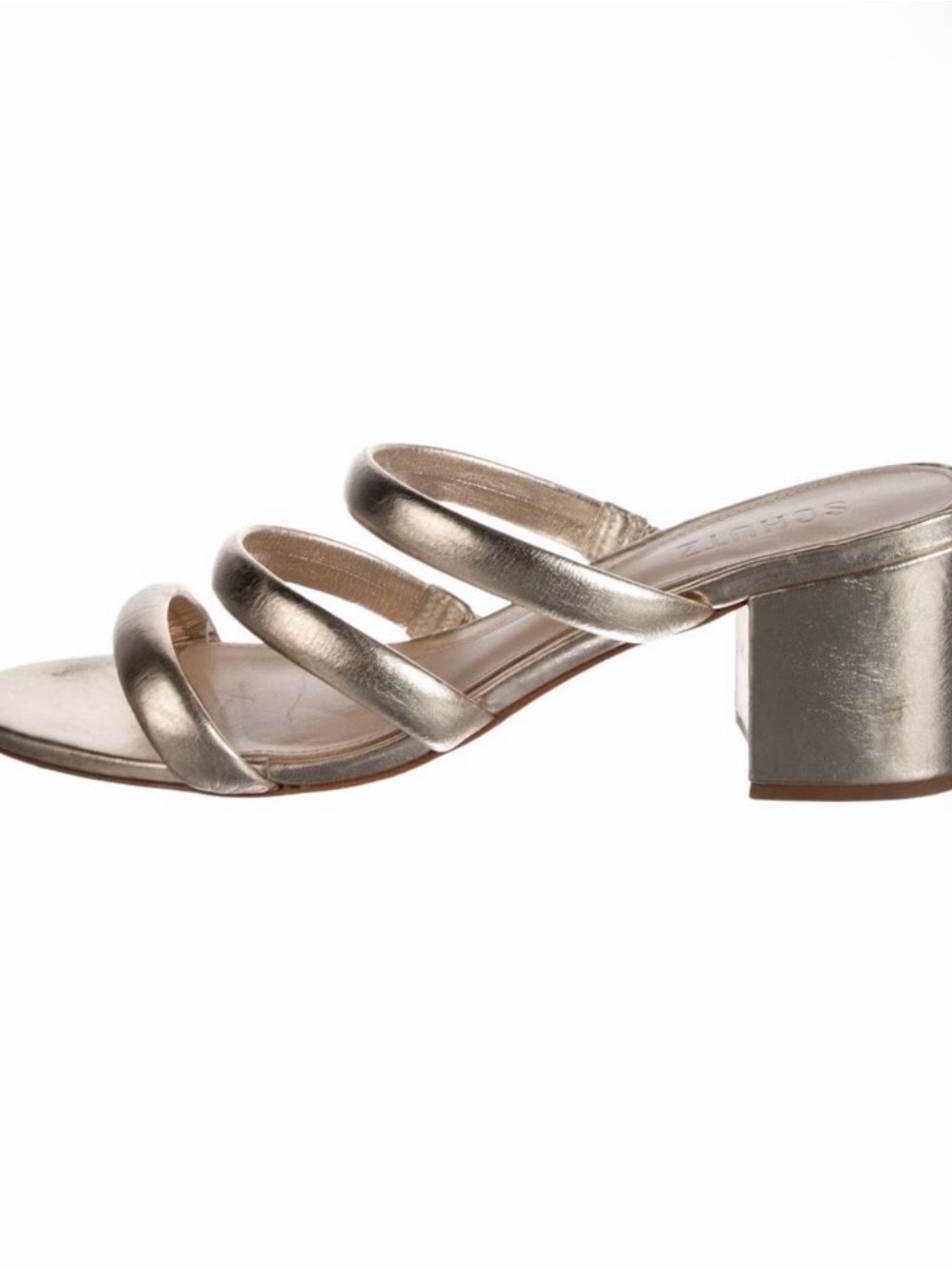 SCHUTZ Platina Gold Leather Strappy Mid Block Heel Sandals Size 9B